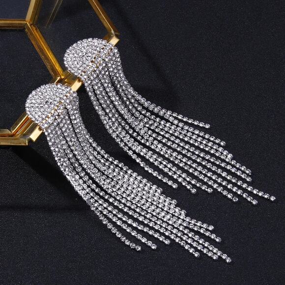 Silver Elegant Long Chandelier Rhinestone‎ Tassel Drop Bling Earrings - Picture 6 of 8